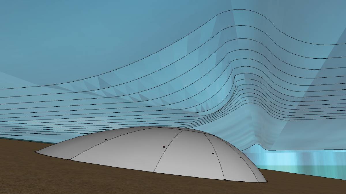 The Airwave device builds on the natural swell of the ocean and uses air to create bigger waves. The Airwave device builds on the natural swell of the ocean and uses air to create bigger waves.